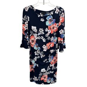 Connected Apparel Floral Bell Sleeve Faux Wrap Sheath Dress Navy Coral 14